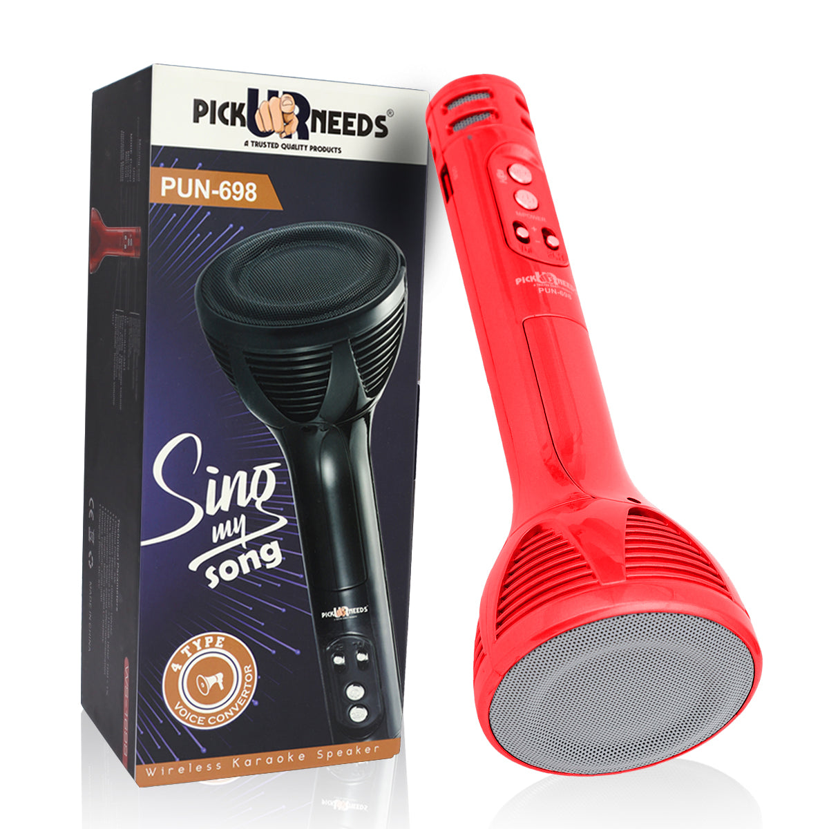 Pick Ur Needs Karaoke Mic with Led Light Wireless Bluetooth Microphone Connection Player Speaker 2-in1 with Recording + USB+FM